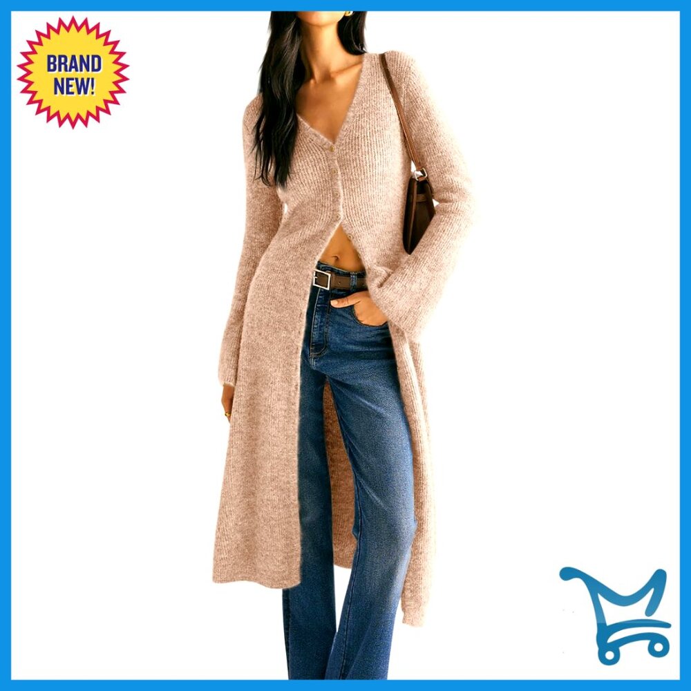 Long Sleeve V-Neck Button Maxi Cardigan Sweater Dress Casual Elegant